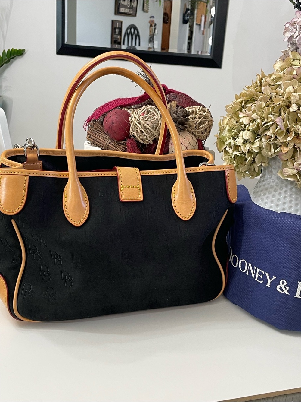 Dooney & Bourke Black DB Canvas Leather Satchel Crossbody Bag Red Lining EUC
